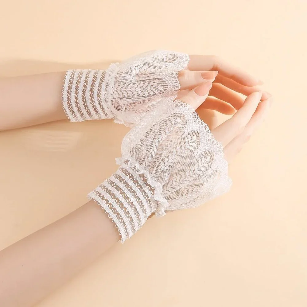 Women's Evening White Short Lace Wrist Cuffs Gloves Party Costume Accessory